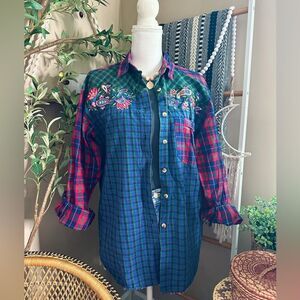 Vintage Ninon de Lenclos Mixed Plaid Print Floral Paisley Double Side Button Top